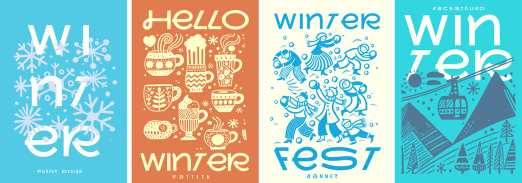 A creative winter poster set with retro-inspired illustrations, featuring snowflakes, cozy mugs, festive snowball scenes, and a ski resort vibe in vector design.