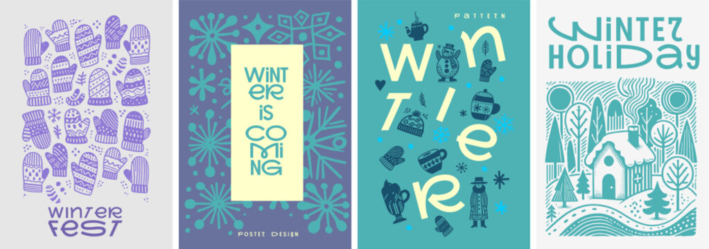 A charming winter poster set featuring cozy mittens, festive snowflakes, holiday mugs, snowmen, and a serene snowy cabin scene with creative typography.