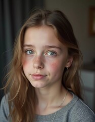 A young girl stands indoor in Russia, her striking grey-blue eyes gazing intently at the viewer. Natural light enhances her delicate features and long hair. Cute kid teenager schoolgirl. GenerativeAI