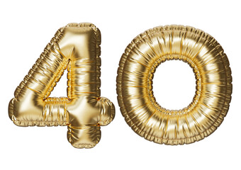 40. Glossy inflatable balloon with the number forty. Golden volumetric numbers isolated on a transparent background. For anniversaries, birthdays, sales, greeting cards.