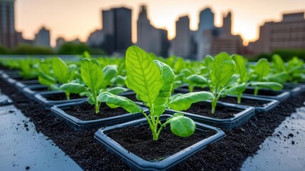 Urban initiatives creating sustainable food systems with rooftop gardens selective focus, urban theme, whimsical, Silhouette, rooftop garden backdrop