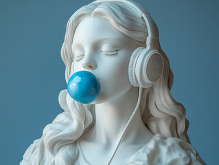 A marble statue of a beautiful woman with long hair, wearing blue headphones and blowing a blue bubble of bubblegum, hyper-realistic in the style of a skilled sculptor.