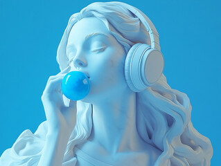 A marble statue of a beautiful woman with long hair, wearing blue headphones and blowing a blue bubble of bubblegum, hyper-realistic in the style of a skilled sculptor.