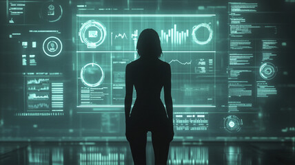 a silhouette of a confident female leader standing in front of a futuristic digital interface. The interface displays glowing, transparent charts and graphics, and bar graphs and circular diagrams.