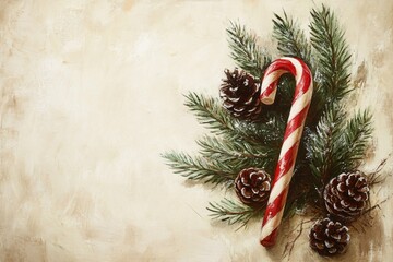 A vintage oil painting of a candy cane and pine greenery with pine cones on a pale beige background, soft light highlighting the textures, medium close-up 1