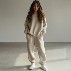 A model wearing an oversized, cashmere sweater in light beige and matching sweatpants with loose-fitting trousers that have a relaxed fit