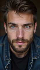 Fototapeta premium A young man from Russia gazes directly at the viewer with striking blue eyes. Tousled hair and relaxed expression. Introspection and tranquility. Portrait of a handsome man of 30 years. Generative AI