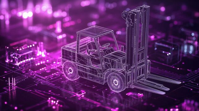 Digital Forklift Wireframe on Circuit Board Technology Industry Logistics