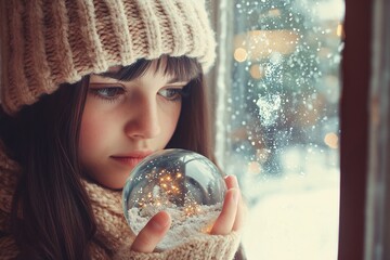 Naklejka premium A vintage-style girl wearing a knitted hat and scarf, holding a snow globe, standing next to a snowy window with Christmas decorations, soft light reflecting the holiday spirit 1