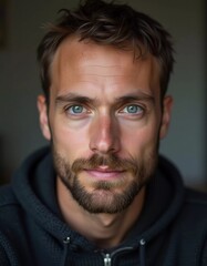 A young man from Russia gazes directly at the viewer with striking blue eyes. Tousled hair and relaxed expression. Introspection and tranquility. Portrait of a handsome man of 30 years. Generative AI
