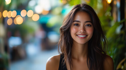 Obraz premium A young woman smiles brightly while standing in a vibrant outdoor setting filled with greenery in the late afternoon