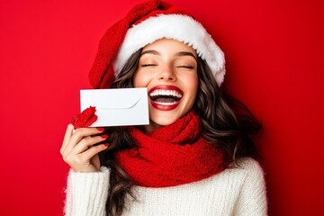 A smiley 20-something female, wearing a red Santa hat and holding a gift certificate coupon voucher card, is isolated on a red background. This vivid studio portrait reflects the Happy New Year 2022