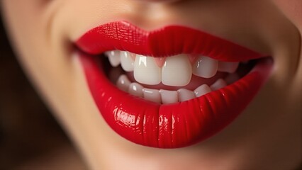 Fototapeta premium Bright red lipstick enhances a joyful smile against a soft, blurred background in natural light