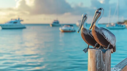 Pelicans on a wooden pier post, with a calm bay and boats moored in the distance.