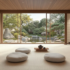 a room for meditation, Zen, with huge ceiling down to floor windows, beautiful Zen garden outside