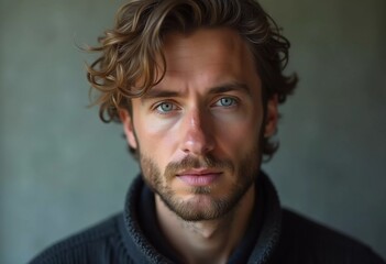 Fototapeta premium A young man from Russia gazes directly at the viewer with striking blue eyes. Tousled hair and relaxed expression. Introspection and tranquility. Portrait of a handsome man of 30 years. Generative AI