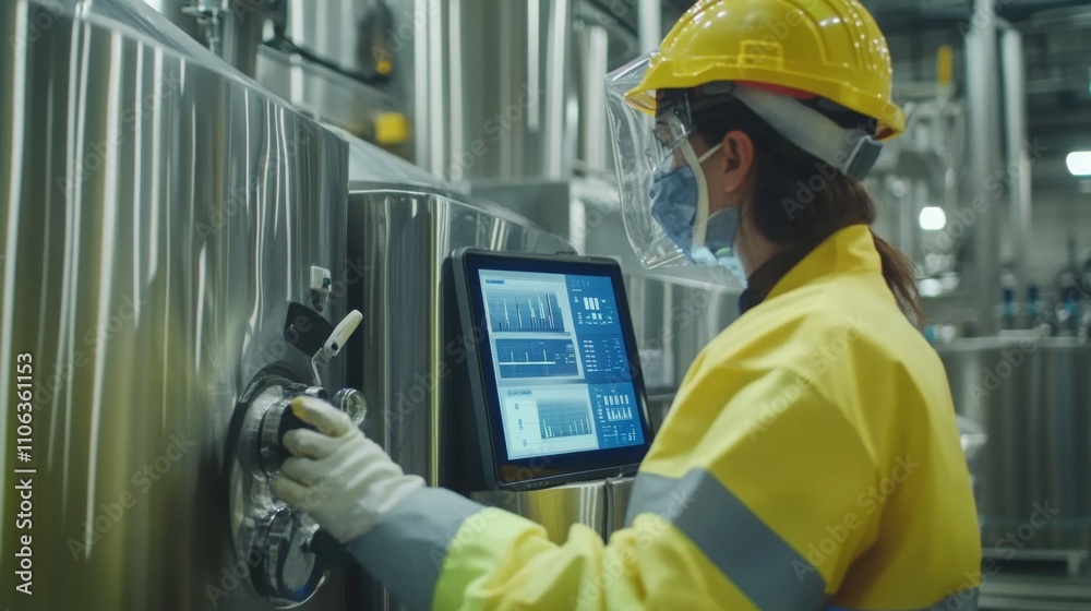 Aufkleber a worker in protective gear operates advanced machinery for juice production in a large factory. hig