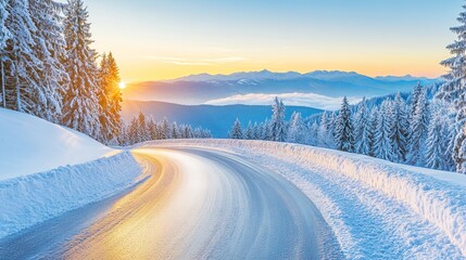 Fototapeta premium Snowy Mountain Road At Sunset, Winter Wonderland Landscape With Sunrise Light, Travel Concept