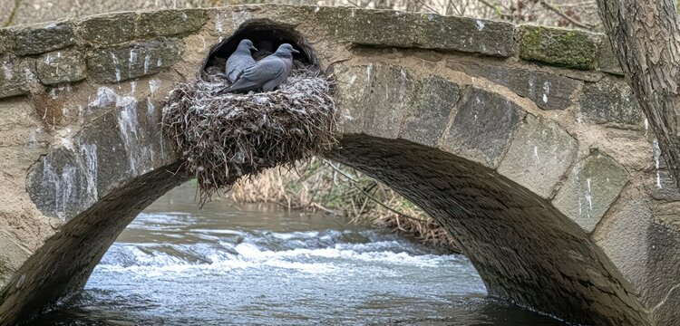 Pigeons nesting in the crevices of an old stone bridge, with a river gently flowing beneath.