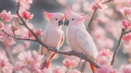 Pink cockatoos in a flowering almond tree, with bright pink blossoms all around them.