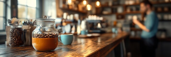 Cafe with a tip jar vintage cups and a customer enjoying a freshly brewed coffee