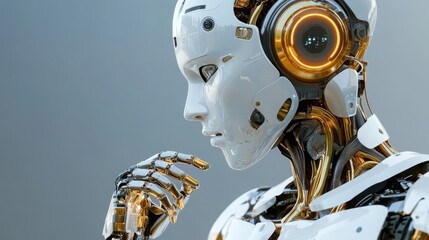 Fototapeta premium A futuristic robot with a sleek design and glowing features contemplates its surroundings, symbolizing the integration of artificial intelligence in the real estate sector.