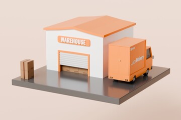 3d Warehouse package cargo building with stock parcel storage shipment sorting center icon. logistic concept. Minimal warehouse distribution with truck delivery isolated orange background. 3d render.