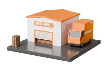 3d Warehouse package cargo building with stock parcel storage shipment sorting center icon. logistic concept. Minimal warehouse distribution with truck delivery isolated orange background. 3d render.