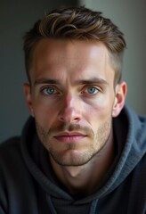 A young man from Russia gazes directly at the viewer with striking blue eyes. Tousled hair and relaxed expression. Introspection and tranquility. Portrait of a handsome man of 30 years. Generative AI