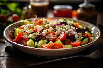 Classic Greek Salad with Tomatoes, Cucumbers, Olives, and Feta Cheese