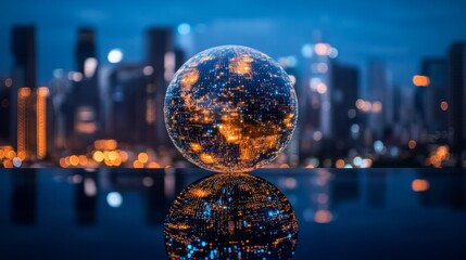 Global Network Connectivity Digital Earth with Binary Code on a Night Sky Background