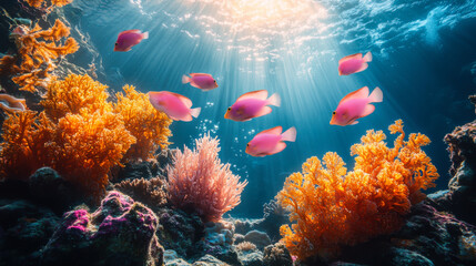 Fototapeta premium Vibrant underwater life showcasing colorful coral reefs and exotic fish in a sunlit ocean environment