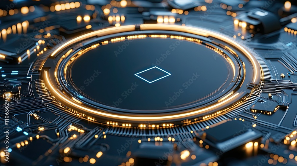 Poster abstract representation of a circular blue digital background with circuit patterns and flowing data