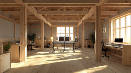 Fototapeta premium Sunlit Rustic Music Studio Wooden Beams Recording Desk Keyboard Monitors