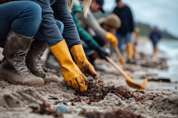 Volunteers with yellow gloves picking up debris on the beach during a cleanup activity