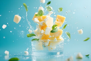 Abstract splash of cheese mixed with herbs and spices, creating a dynamic and appetizing composition