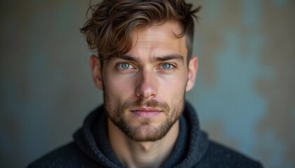 Obraz premium A young man from Russia gazes directly at the viewer with striking blue eyes. Tousled hair and relaxed expression. Introspection and tranquility. Portrait of a handsome man of 30 years. Generative AI