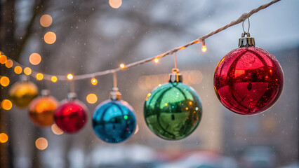 Christmas balls hanging on an out of focus background
