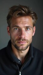 Obraz premium A young man from Russia gazes directly at the viewer with striking blue eyes. Tousled hair and relaxed expression. Introspection and tranquility. Portrait of a handsome man of 30 years. Generative AI