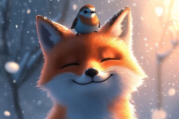 A red fox smiling gently with its eyes closed, a robin perched on its head, snowflakes softly falling, peaceful winter scene, ultra-realistic, cozy winter mood, cinematic soft focus on the animals 1