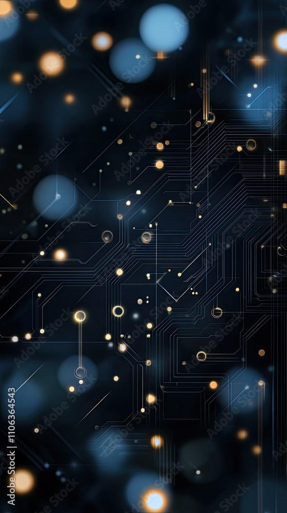Poster Abstract representation of a circular blue digital background with circuit patterns and flowing data lines, emphasizing AI technology's impact