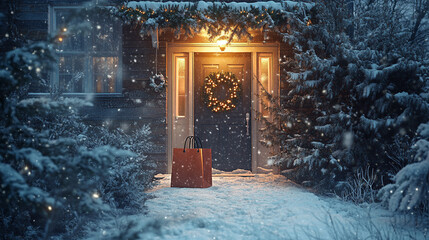 Snowy Christmas Eve Home Delivery Gift Bag on Porch