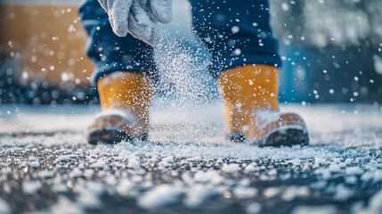 Winter Ice Melt Snow Removal Person Spreading Salt Yellow Boots Cold Weather