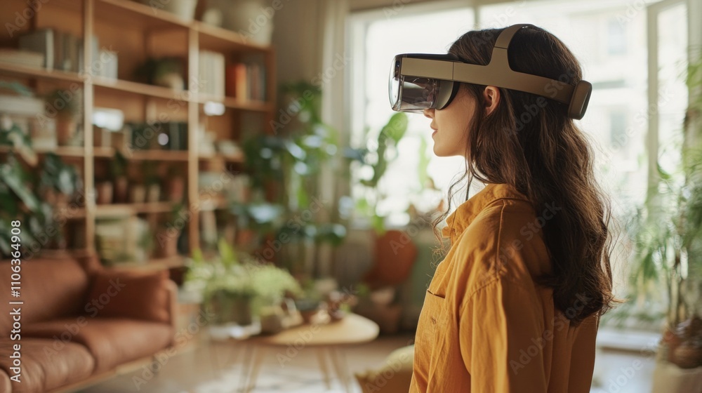 Poster A person is immersed in a virtual reality environment while standing in a well-lit room filled with plants and modern furniture.