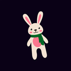 Cute cartoon rabbit wearing a green scarf stands against a dark background
