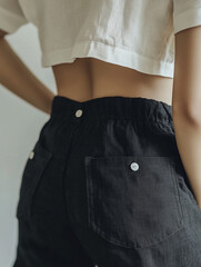 Casual fashion showcasing a cropped top and black high-waisted pants in a minimalist indoor setting