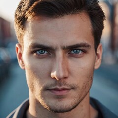 Obraz premium A young man from Russia gazes directly at the viewer with striking blue eyes. Tousled hair and relaxed expression. Introspection and tranquility. Portrait of a handsome man of 30 years. Generative AI