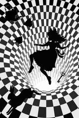 Alice falls down the rabbit hole . Surreal chess background