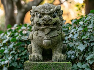 Obraz premium Stone guardian lion statue garden nature texture protection mythology tradition culture