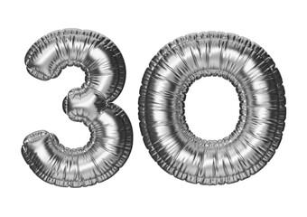 30. Glossy inflatable balloon with the number thirty. Silver volumetric numbers isolated on a transparent background. For anniversaries, birthdays, sales, greeting cards.